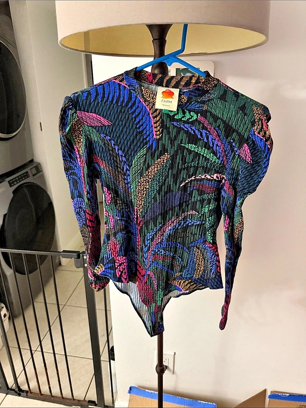 FARM Rio Abstract Long Sleeve Blouse in Black & Blue Large